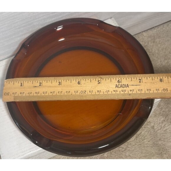 Vtg Amber Glass Ashtray Four Cigarette Rests Retro Mid-Century Modern 7 3/4" - Picture 7 of 8